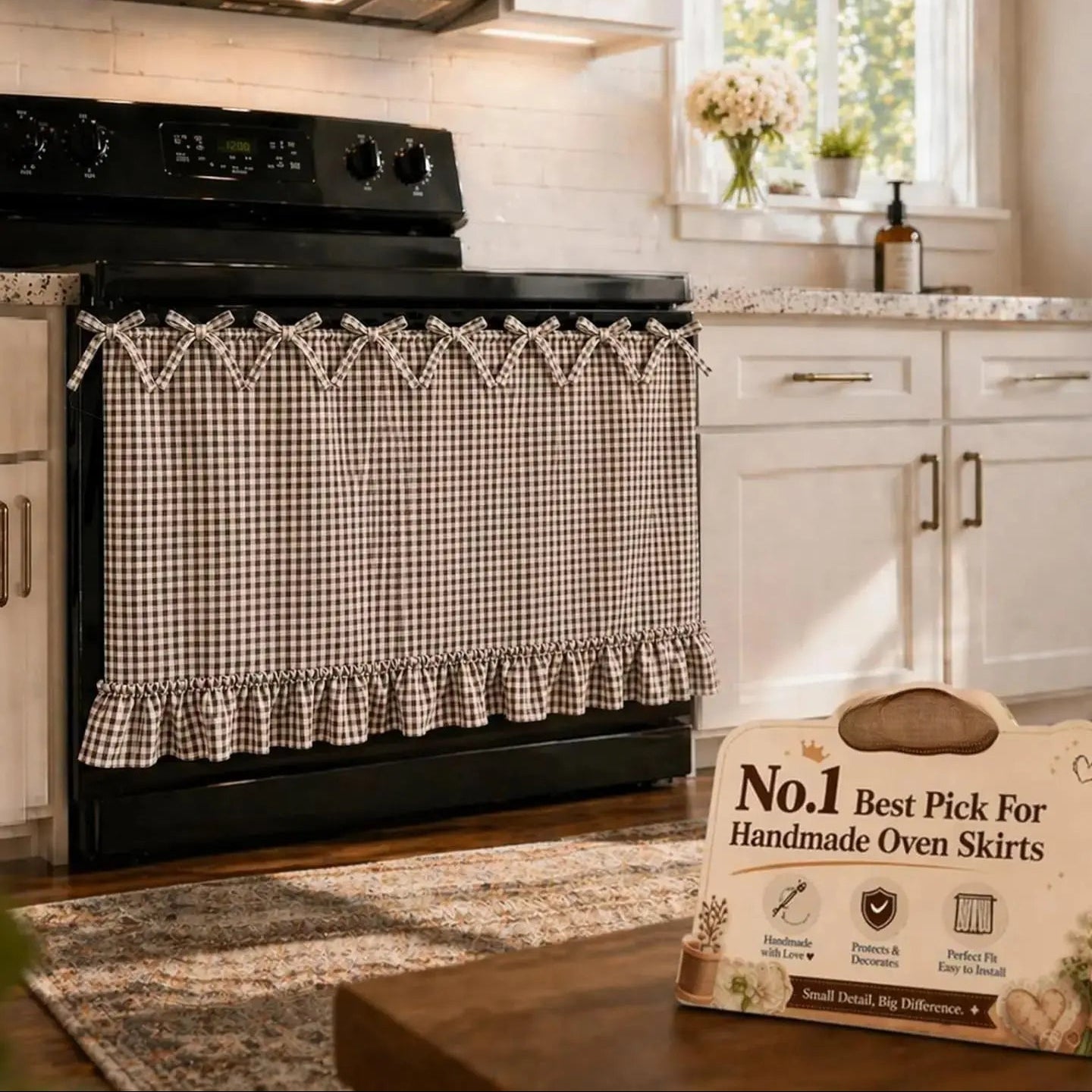 Gingham Oven Door Skirt with Bow Ties & Ruffled Hem – Farmhouse Kitchen Appliance Curtain