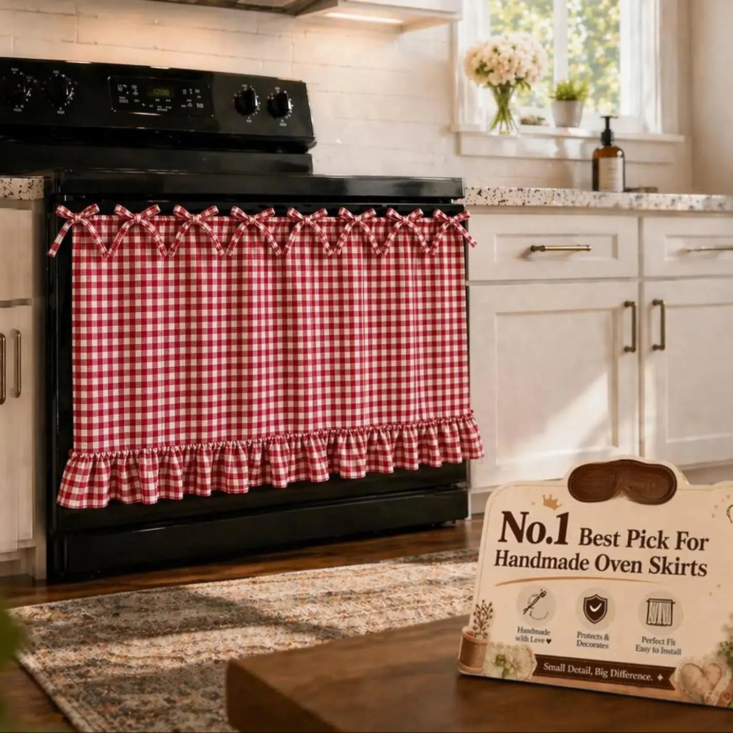 Gingham Oven Door Skirt with Bow Ties & Ruffled Hem – Farmhouse Kitchen Appliance Curtain