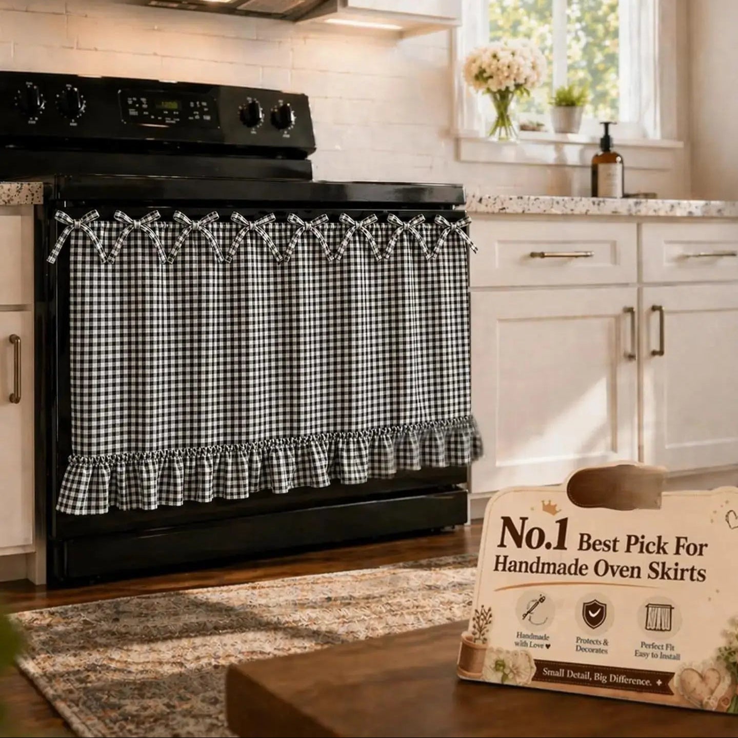 Gingham Oven Door Skirt with Bow Ties & Ruffled Hem – Farmhouse Kitchen Appliance Curtain