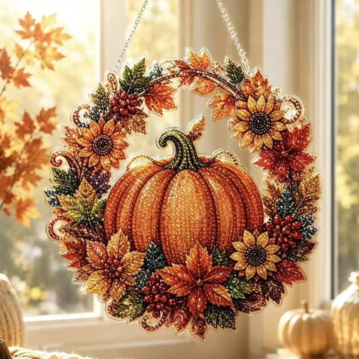 Halloween Diamond Painting Hanging Ornament 5D DIY Diamond Art Suncatcher Pumpkin Black Cat Wreath with Chain for Window Wall Home Decor