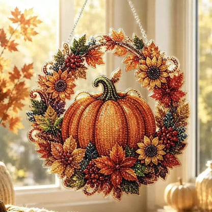 Halloween Diamond Painting Hanging Ornament 5D DIY Diamond Art Suncatcher Pumpkin Black Cat Wreath with Chain for Window Wall Home Decor