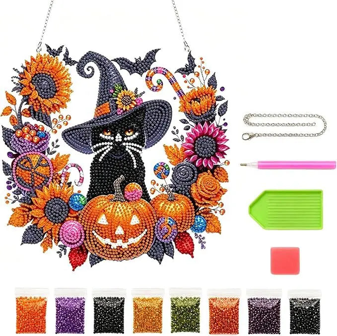 Halloween Diamond Painting Hanging Ornament 5D DIY Diamond Art Suncatcher Pumpkin Black Cat Wreath with Chain for Window Wall Home Decor
