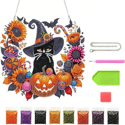 Halloween Diamond Painting Hanging Ornament 5D DIY Diamond Art Suncatcher Pumpkin Black Cat Wreath with Chain for Window Wall Home Decor