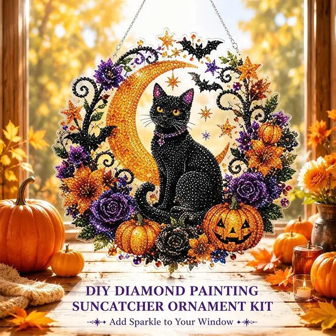 Halloween Diamond Painting Hanging Ornament 5D DIY Diamond Art Suncatcher Pumpkin Black Cat Wreath with Chain for Window Wall Home Decor