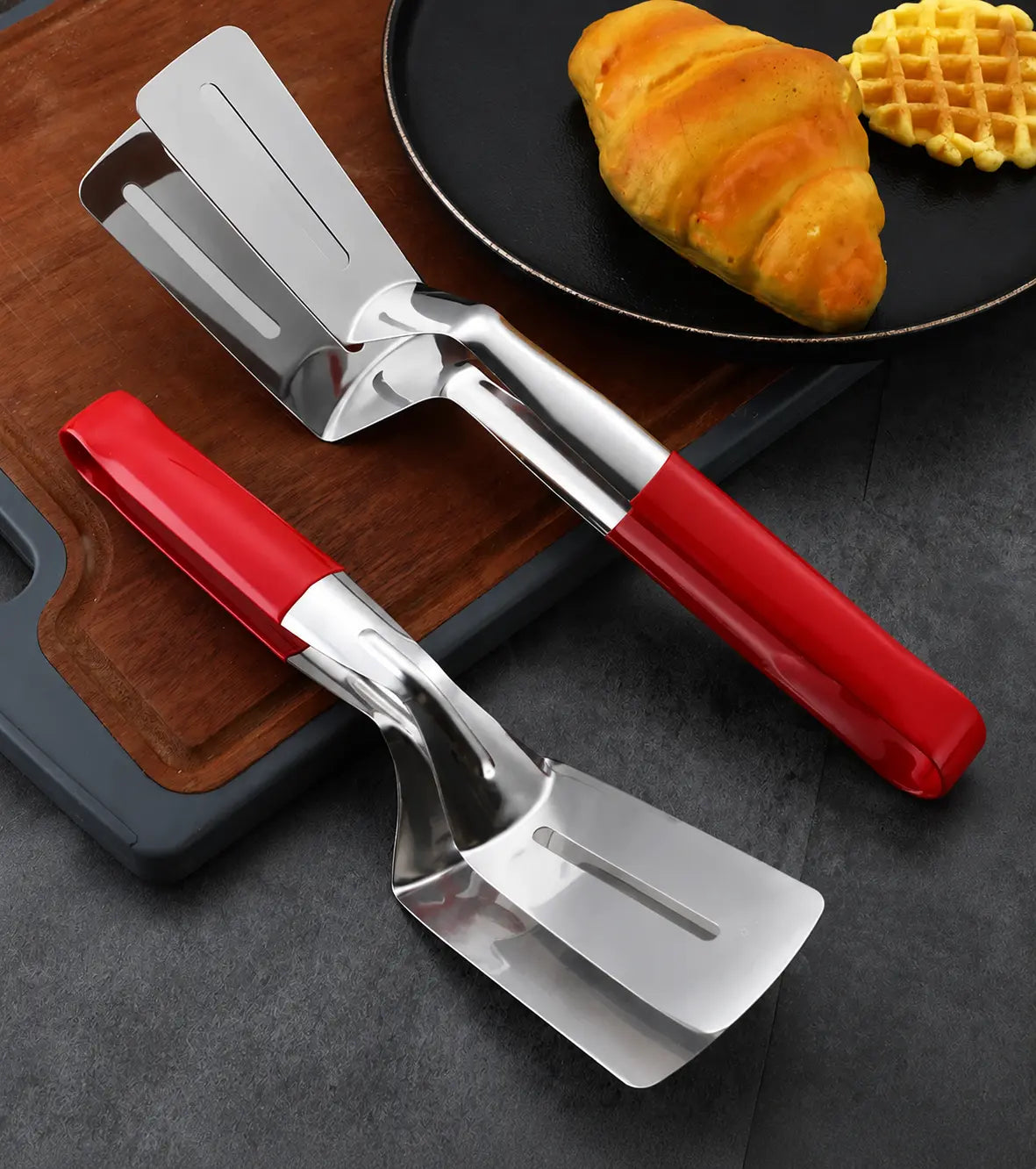 3-in-1 Stainless Steel Spatula Tongs, Multi-Purpose Steak Flipper Clamp for Grilling, Frying and Serving