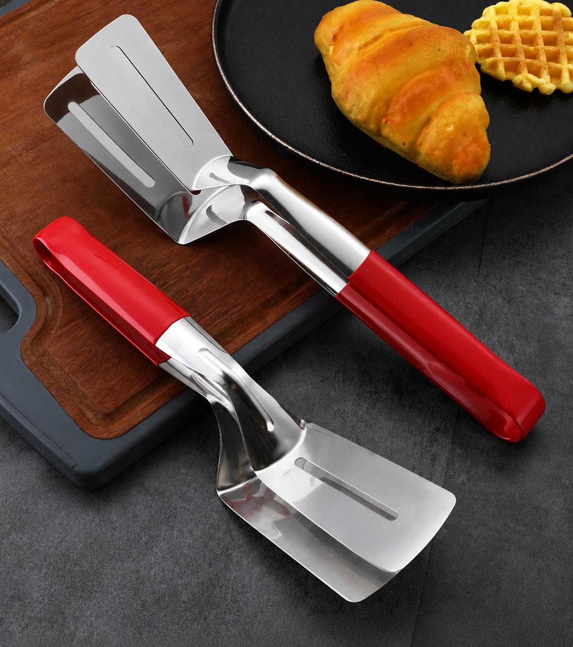 3-in-1 Stainless Steel Spatula Tongs, Multi-Purpose Steak Flipper Clamp for Grilling, Frying and Serving