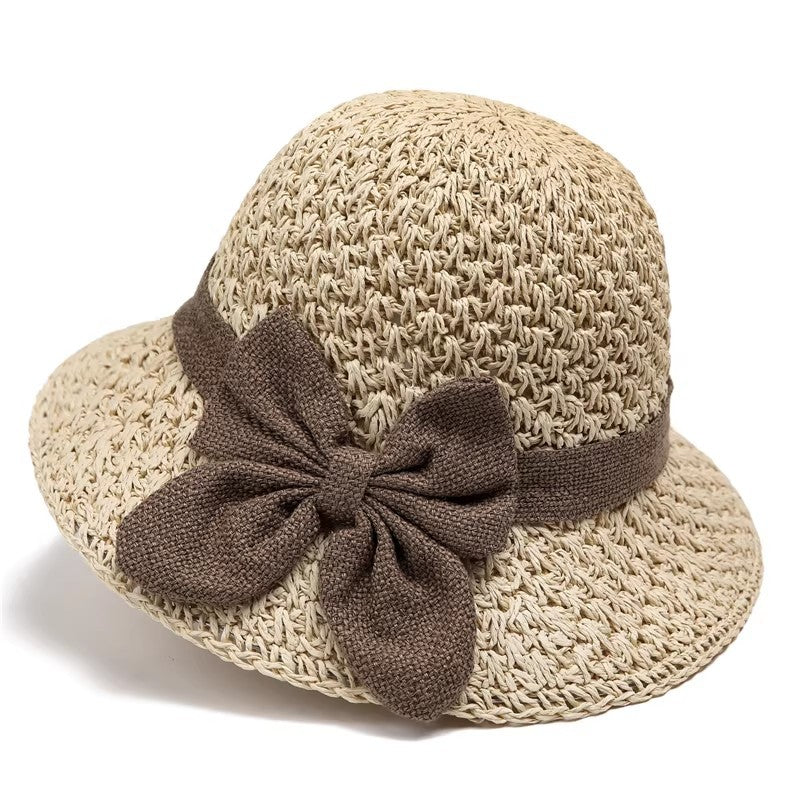 🎀Women's Hand-Knitted Summer Straw Hat, Wide Brim Foldable Beach Hat with Elegant Bow Detail