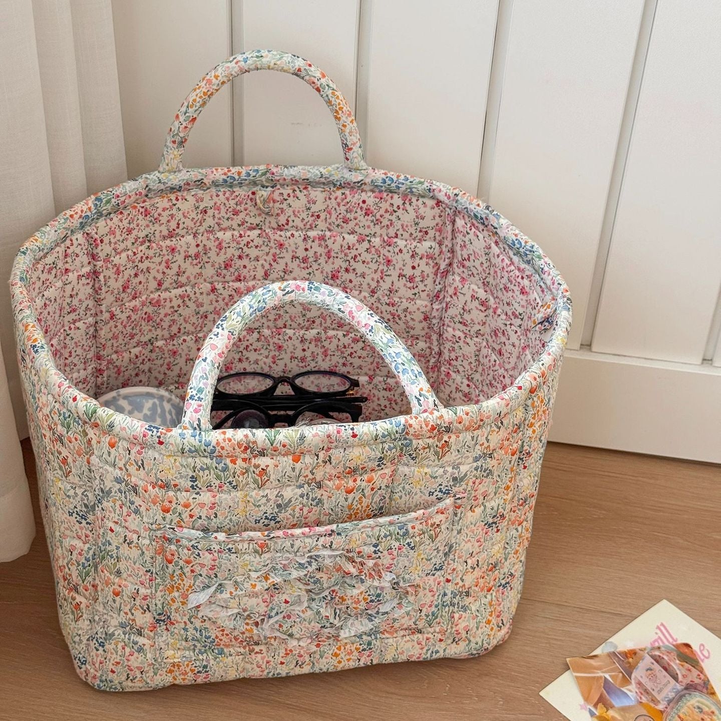Floral Quilted Storage Basket – Machine Washable, Large Capacity Storage for Home & Car