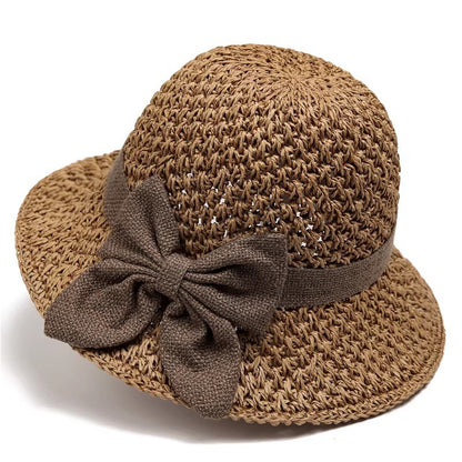 🎀Women's Hand-Knitted Summer Straw Hat, Wide Brim Foldable Beach Hat with Elegant Bow Detail