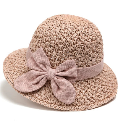🎀Women's Hand-Knitted Summer Straw Hat, Wide Brim Foldable Beach Hat with Elegant Bow Detail