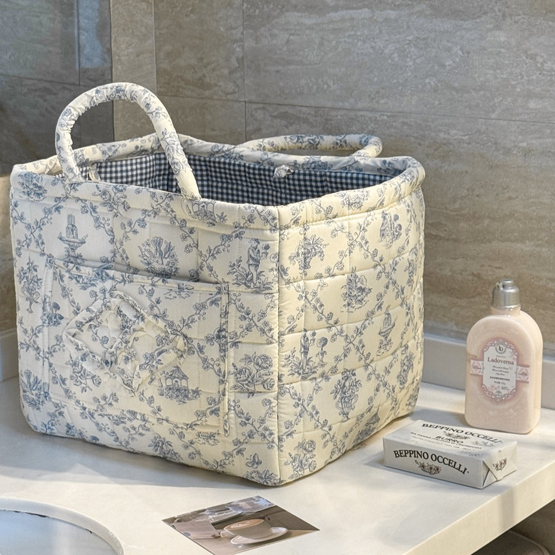 Floral Quilted Storage Basket – Machine Washable, Large Capacity Storage for Home & Car