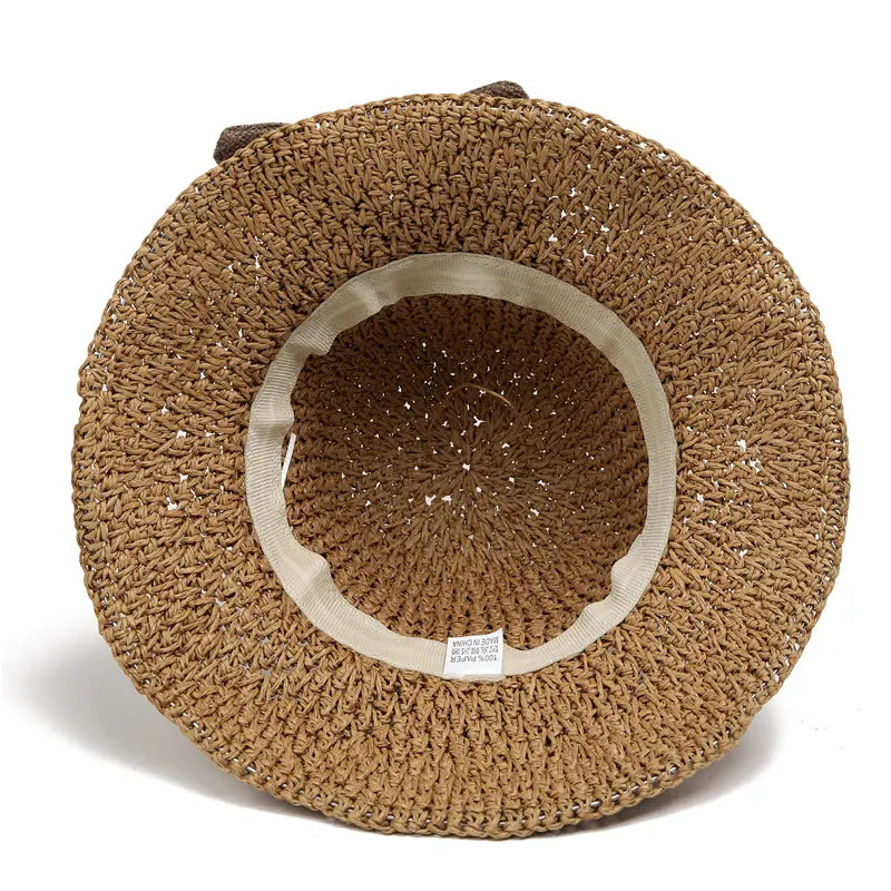 🎀Women's Hand-Knitted Summer Straw Hat, Wide Brim Foldable Beach Hat with Elegant Bow Detail