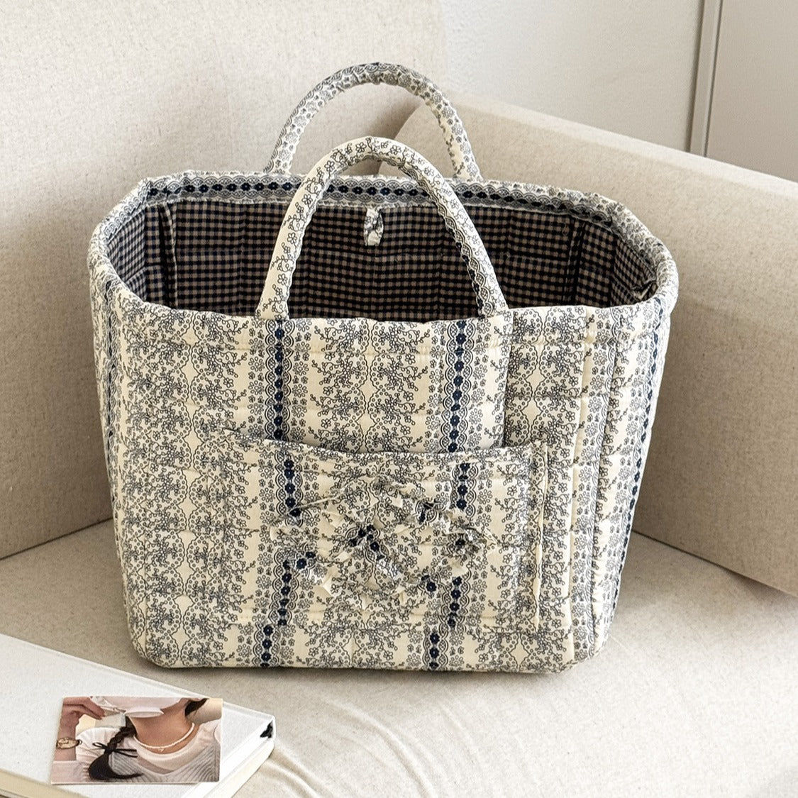 Floral Quilted Storage Basket – Machine Washable, Large Capacity Storage for Home & Car