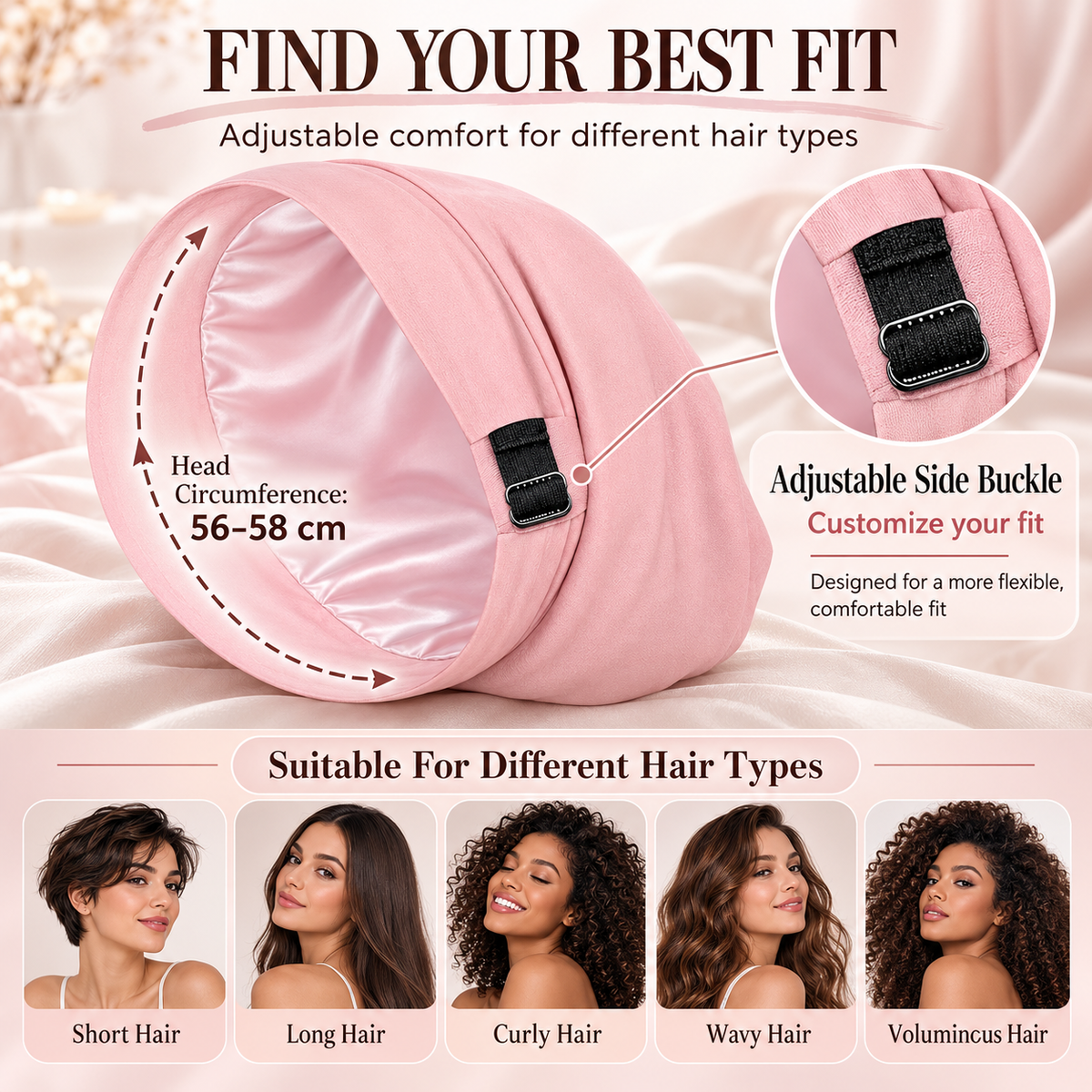 ✨ Women's Satin-Lined Sleep Cap for Hair Protection – Adjustable Night Bonnet with Scrunchie 💕