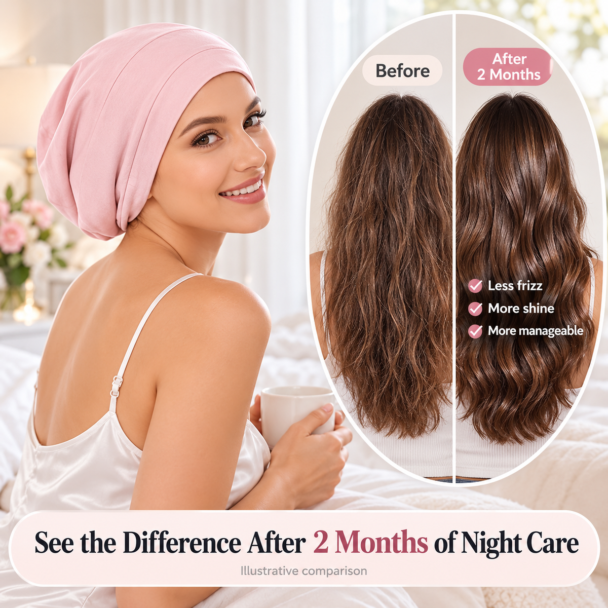 ✨ Women's Satin-Lined Sleep Cap for Hair Protection – Adjustable Night Bonnet with Scrunchie 💕