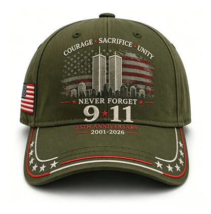 Never Forget 9/11 25th Anniversary Commemorative Cap — 8 Colors, Courage Sacrifice Unity
