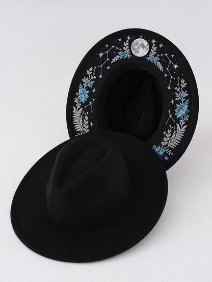 Embroidered Wide Brim Western Hat — Hidden Under-Brim Art, 9 Mystical Designs