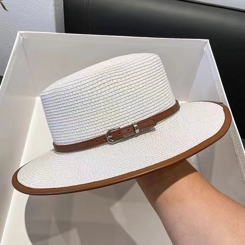 Women's Wide Brim Straw Boater Hat — Buckle Band, Structured Flat-Top, 4 Colors