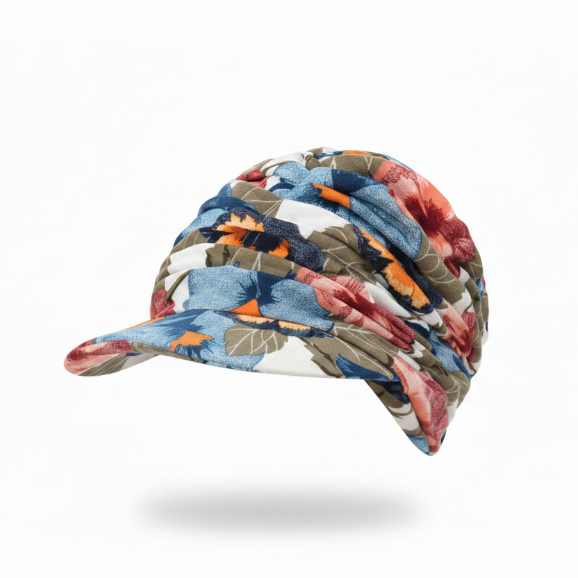 Floral Ruched Turban Cap— Full Coverage, Curved Brim, Multiple Prints