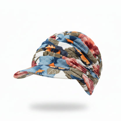 Floral Ruched Turban Cap— Full Coverage, Curved Brim, Multiple Prints