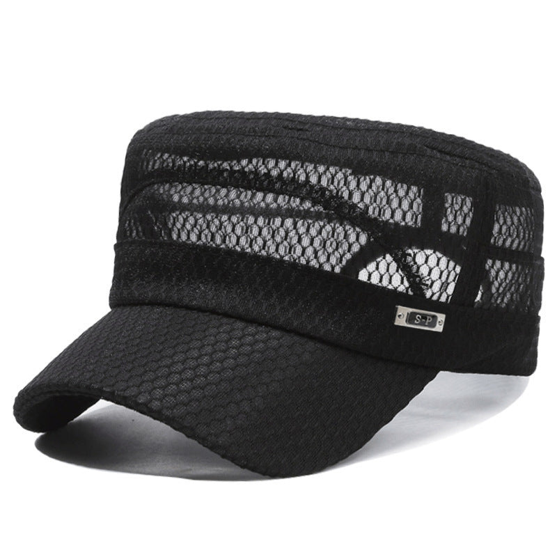 Open-Mesh Flat-Top Cap — Breathable Military Style Hat, Adjustable Metal Buckle, Unisex.