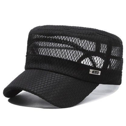 Open-Mesh Flat-Top Cap — Breathable Military Style Hat, Adjustable Metal Buckle, Unisex.