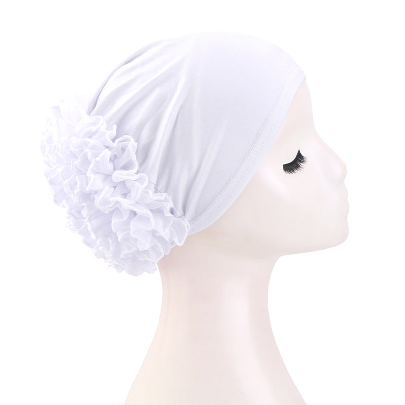 Women’s Pre-Tied Ruffle Flower Turban Hat – Stretch Full-Coverage Headscarf Cap