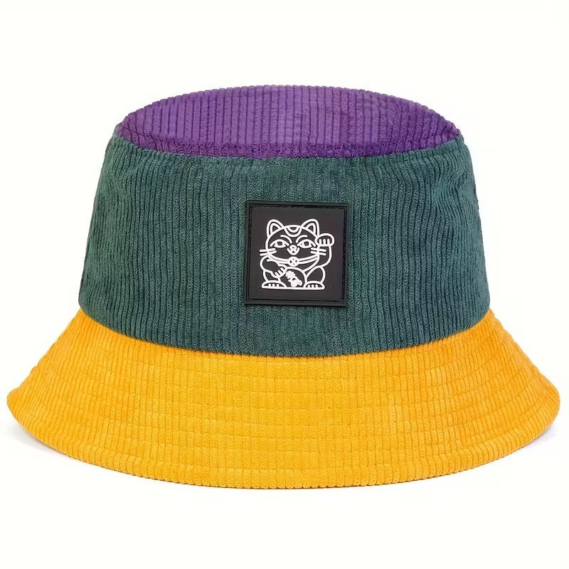✨ Colorblock Bucket Hat | Retro Lucky Cat Patch Travel Hat