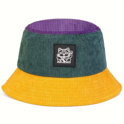 ✨ Colorblock Bucket Hat | Retro Lucky Cat Patch Travel Hat