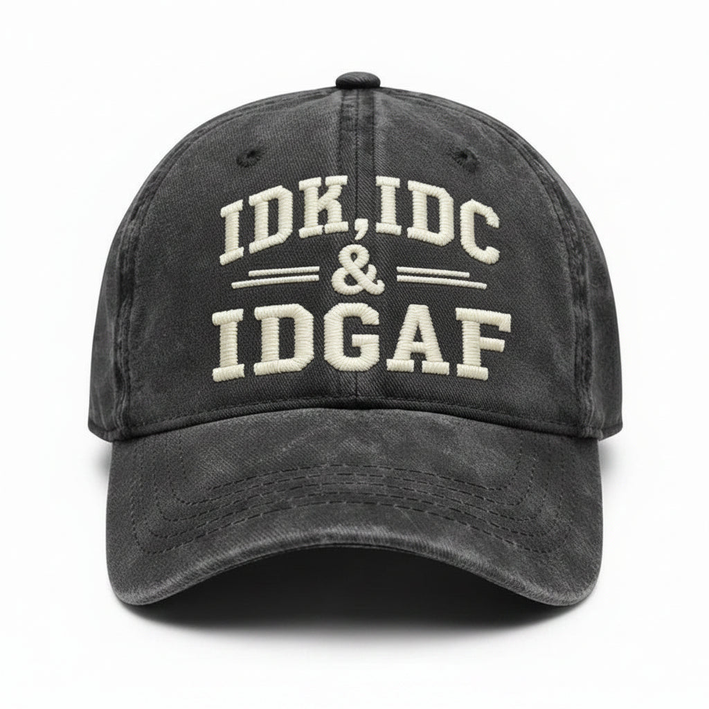 Vintage Washed Baseball Cap IDK IDC & IDGAF Embroidered Distressed Cotton Dad Hat Adjustable Casual Trucker Hat For Men Women