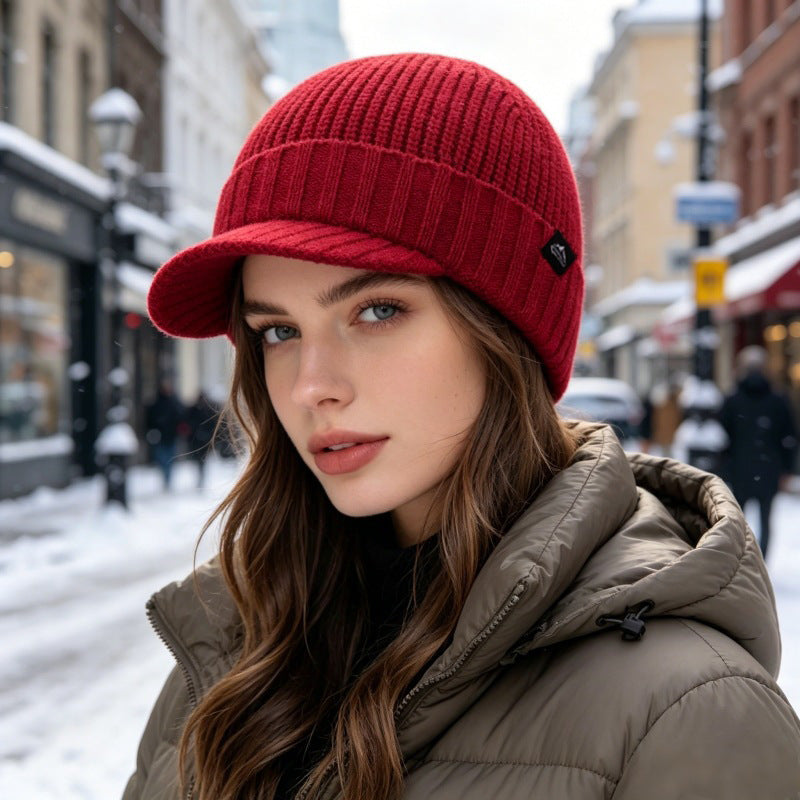 Women's Ribbed Knit Brim Beanie | Winter Visor Hat