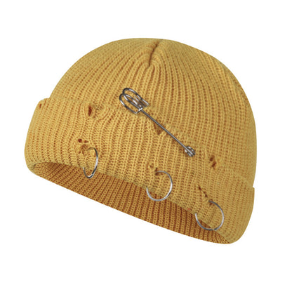 Distressed Knit Beanie with Safety Pin & Metal O-Ring — 8 Colors