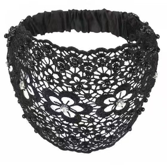 Wide Lace Pearl Headband – Elegant Floral Hair Band with Stretch Back.