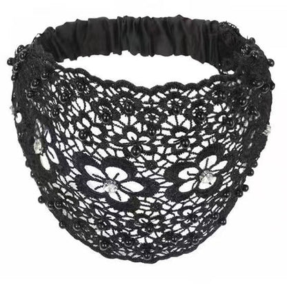 Wide Lace Pearl Headband – Elegant Floral Hair Band with Stretch Back.