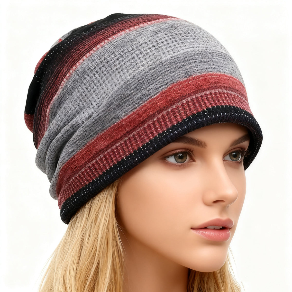 🍂 2-in-1 Vintage Striped Slouchy Beanie & Neck Warmer – Soft Stretchy Unisex Hat