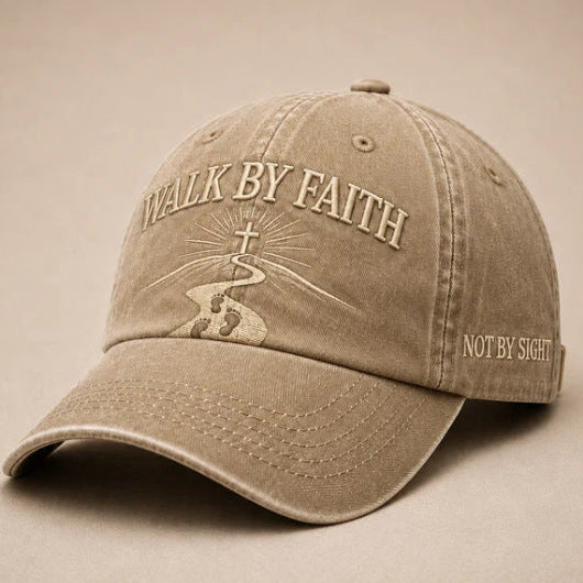 Walk By Faith Embroidered Baseball Cap — Vintage Washed Cotton, 5 Colors