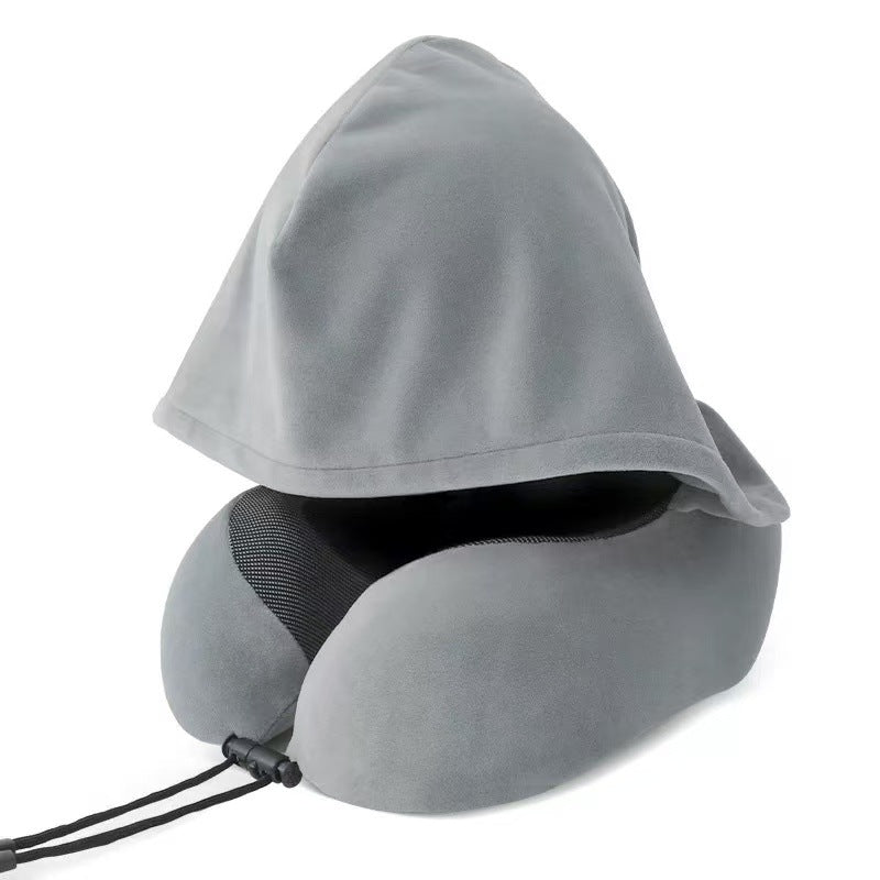 Hooded Memory Foam Travel Neck Pillow with Stowable Privacy Hood