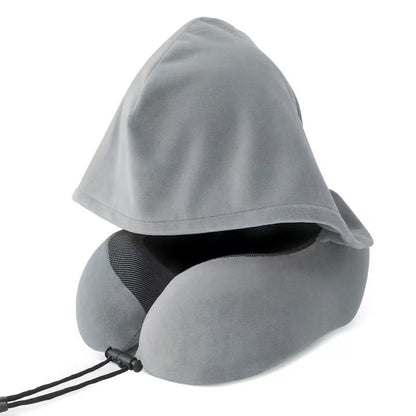 Hooded Memory Foam Travel Neck Pillow with Stowable Privacy Hood