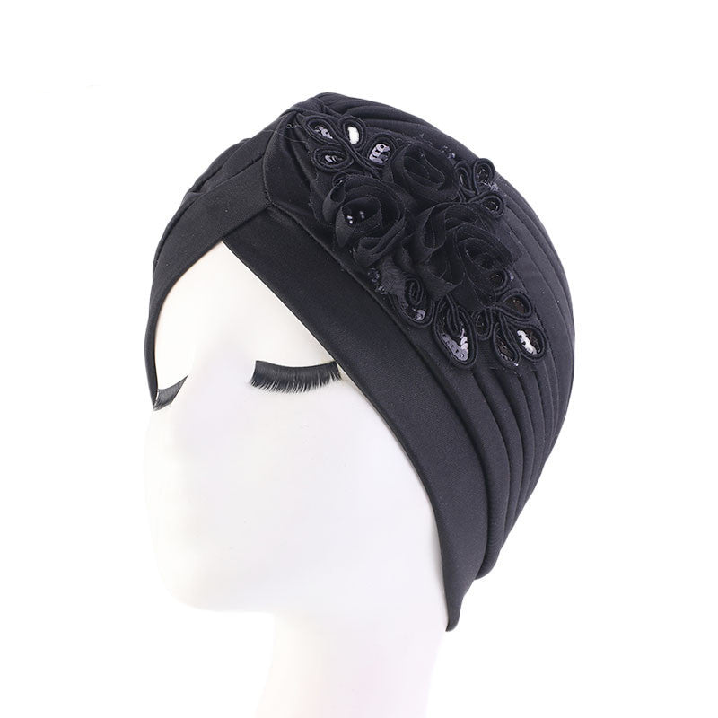 Women's Elegant Floral Sequin Turban Hat – Pleated Headwrap for Church & Everyday Wear
