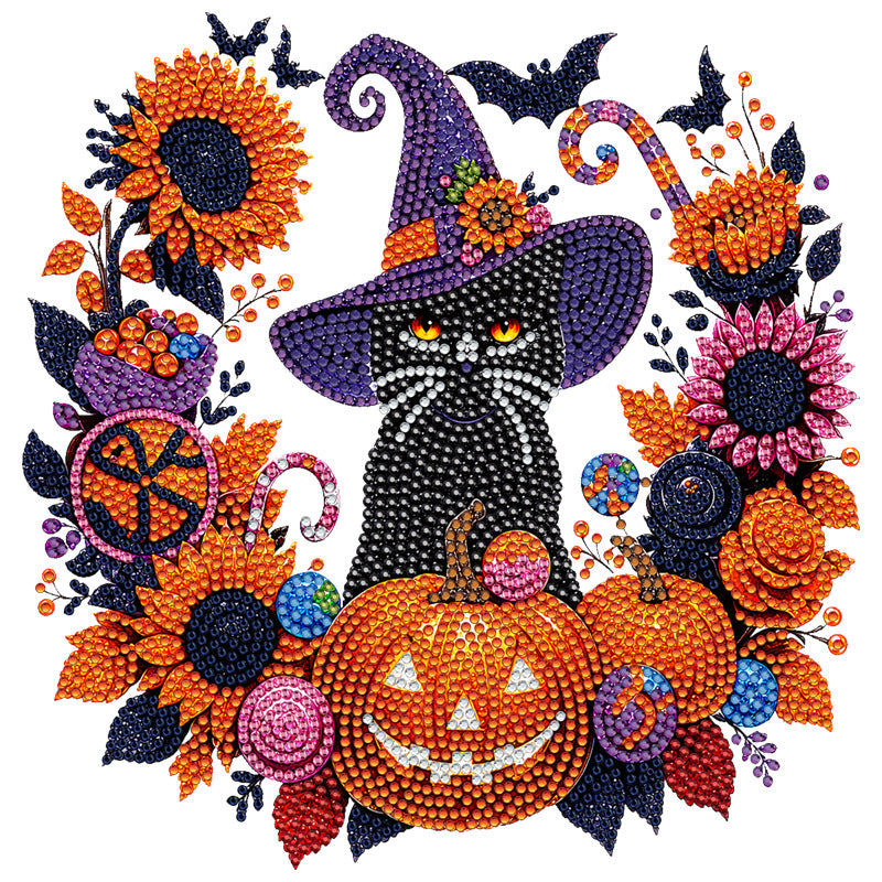 Halloween Diamond Painting Hanging Ornament 5D DIY Diamond Art Suncatcher Pumpkin Black Cat Wreath with Chain for Window Wall Home Decor