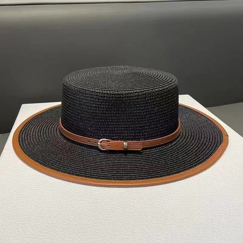 Women's Wide Brim Straw Boater Hat — Buckle Band, Structured Flat-Top, 4 Colors