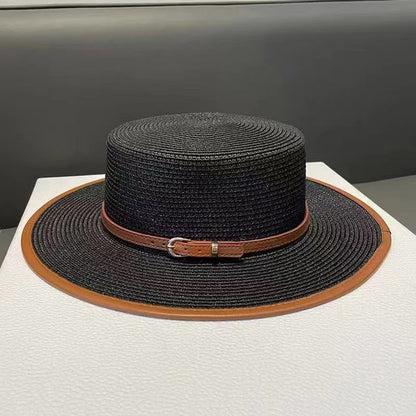 Women's Wide Brim Straw Boater Hat — Buckle Band, Structured Flat-Top, 4 Colors