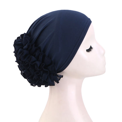 Women’s Pre-Tied Ruffle Flower Turban Hat – Stretch Full-Coverage Headscarf Cap