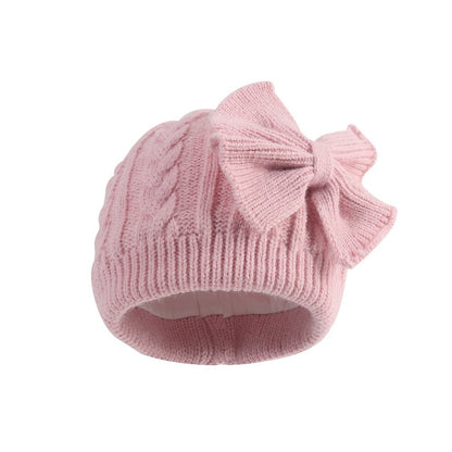 Baby Girl Oversized Bow Knit Beanie – Cozy Cable-Knit Winter Hat