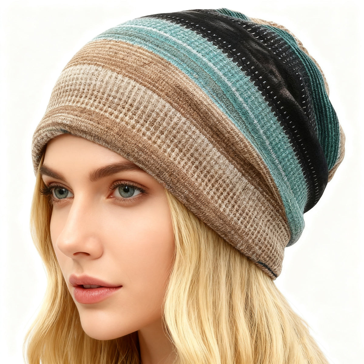 🍂 2-in-1 Vintage Striped Slouchy Beanie & Neck Warmer – Soft Stretchy Unisex Hat
