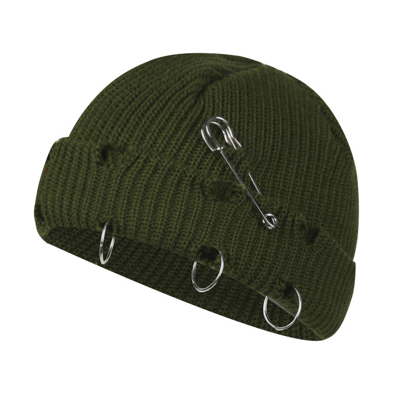 Distressed Knit Beanie with Safety Pin & Metal O-Ring — 8 Colors