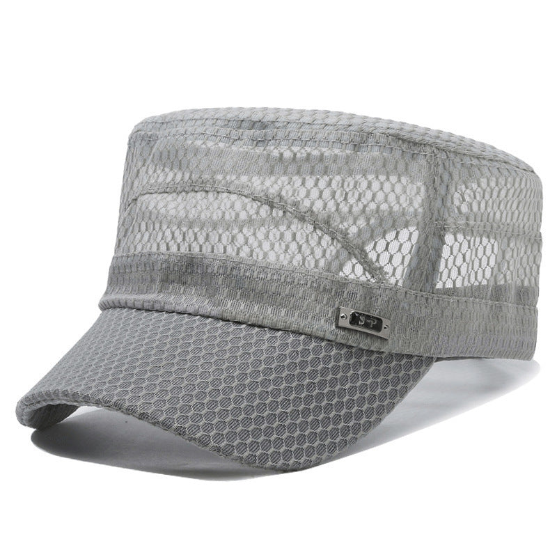 Open-Mesh Flat-Top Cap — Breathable Military Style Hat, Adjustable Metal Buckle, Unisex.
