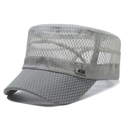 Open-Mesh Flat-Top Cap — Breathable Military Style Hat, Adjustable Metal Buckle, Unisex.