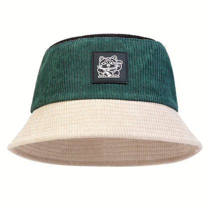 ✨ Colorblock Bucket Hat | Retro Lucky Cat Patch Travel Hat