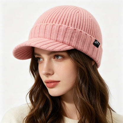 Women's Ribbed Knit Brim Beanie | Winter Visor Hat